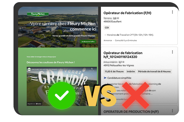 Illustration d’une fiche de poste non optimisée versus une fiche de poste optimisée pour une campagne de recrutement et une expérience candidats réussies 